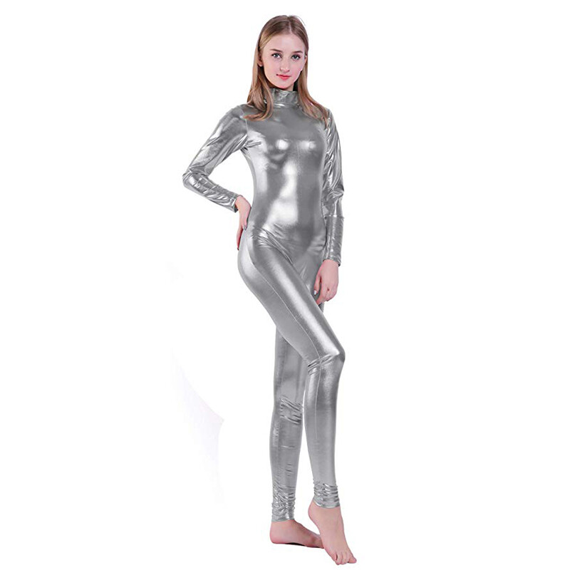 Women Shiny Metallic Jumpsuits One Piece Long Sleeve Ballet Dance Zentai Rompers