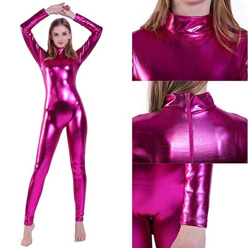 Women Shiny Metallic Jumpsuits One Piece Long Sleeve Ballet Dance Zentai Rompers