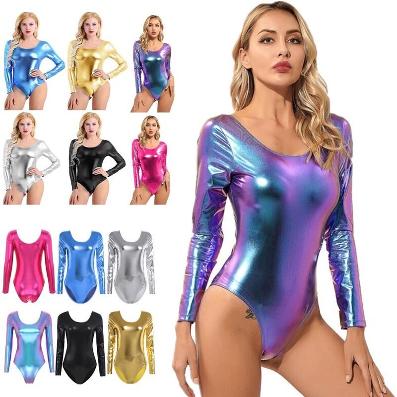 Women Shiny Metallic Long Sleeve Bodycon Bodysuit Gymnastics Leotard Jumpsuit
