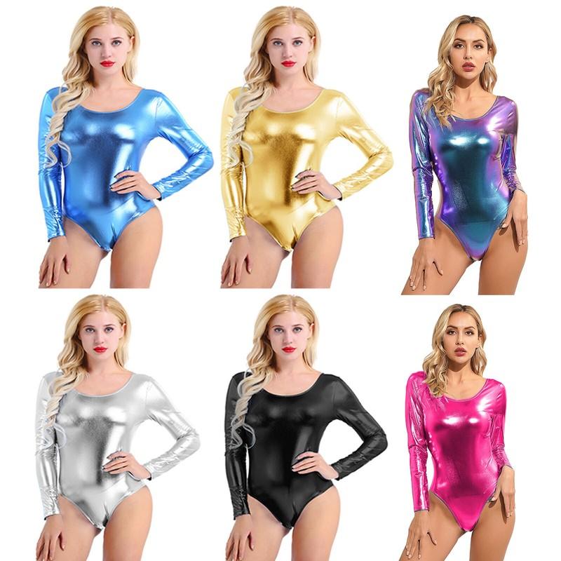 Women Shiny Metallic Long Sleeve Bodycon Bodysuit Gymnastics Leotard Jumpsuit