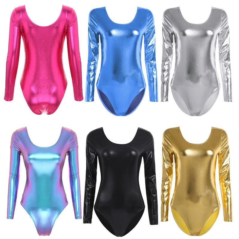 Women Shiny Metallic Long Sleeve Bodycon Bodysuit Gymnastics Leotard Jumpsuit