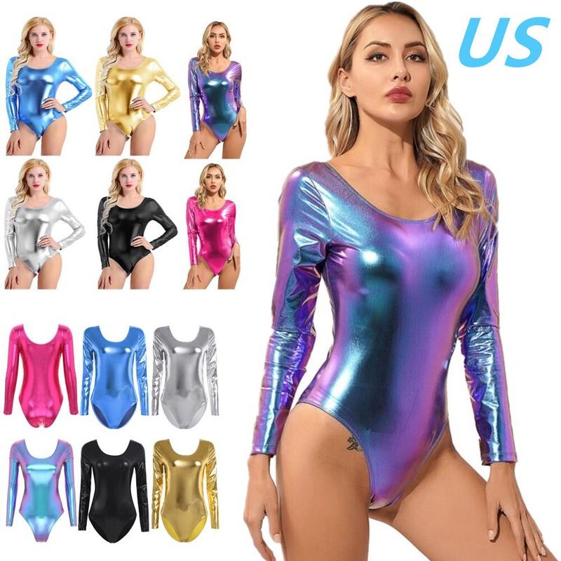 Women Shiny Metallic Long Sleeve Bodycon Bodysuit Gymnastics Leotard Jumpsuit