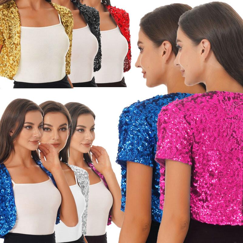 Women Short Sleeve Cropped Coats Shiny Sequin Bolero Shrug Cardigan Retro Jacket