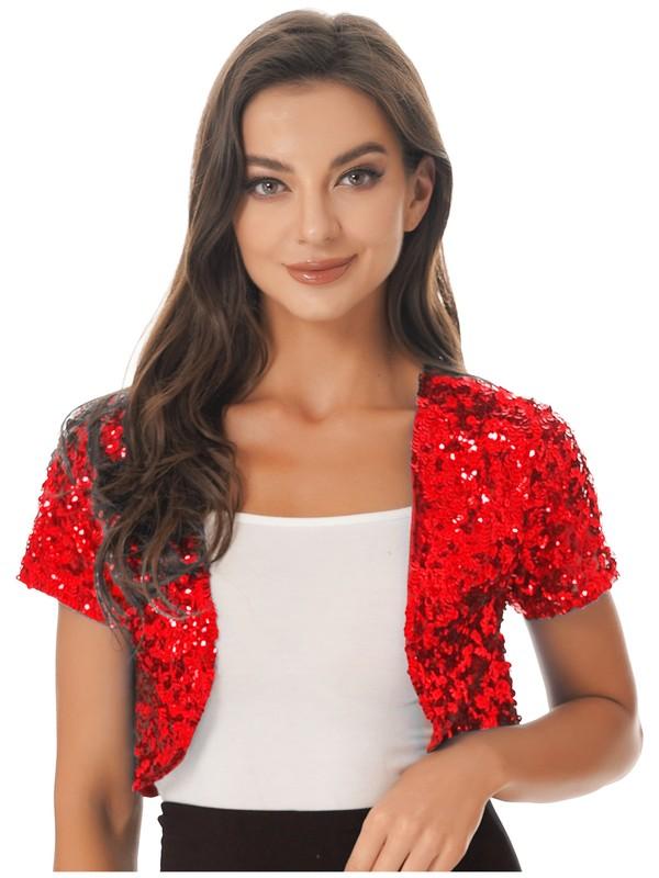 Women Short Sleeve Cropped Coats Shiny Sequin Bolero Shrug Cardigan Retro Jacket