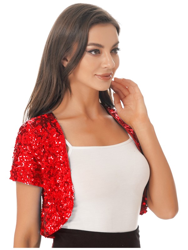 Women Short Sleeve Cropped Coats Shiny Sequin Bolero Shrug Cardigan Retro Jacket