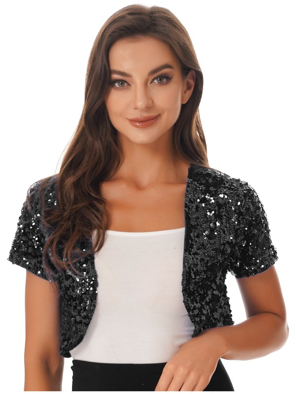 Women Short Sleeve Cropped Coats Shiny Sequin Bolero Shrug Cardigan Retro Jacket