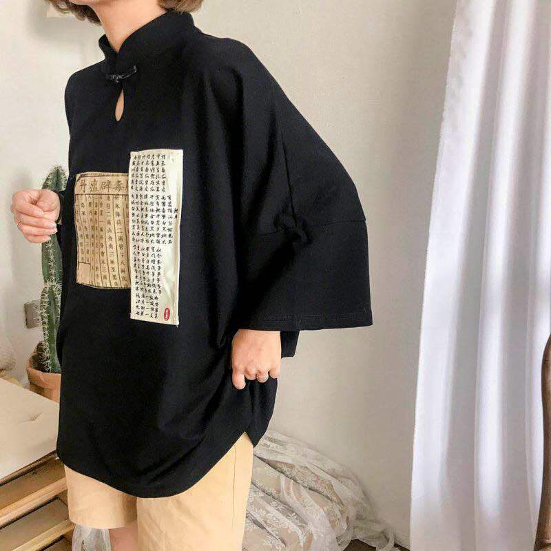 Women Short Sleeve T-shirt Blouse Top Dress Retro Mandarin Collar Loose Harajuku