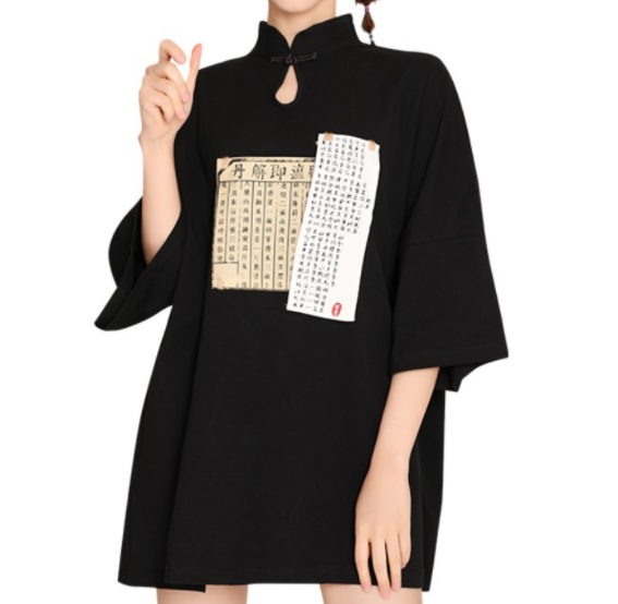 Women Short Sleeve T-shirt Blouse Top Dress Retro Mandarin Collar Loose Harajuku