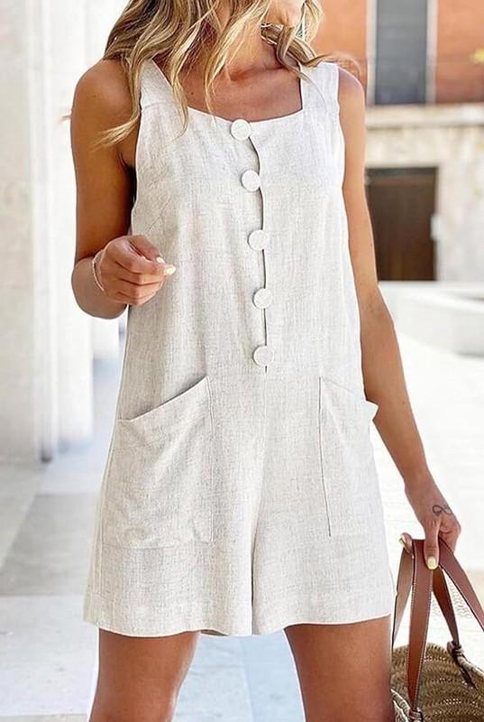 Women Shorts Overall Front Button Cotton Linen Summer Wide Leg Shorts Romper