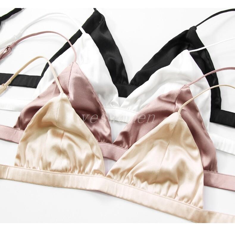 Women Silk Satin Triangle Bralette Soft Cup Wireless Built In Bra Bralette Tops