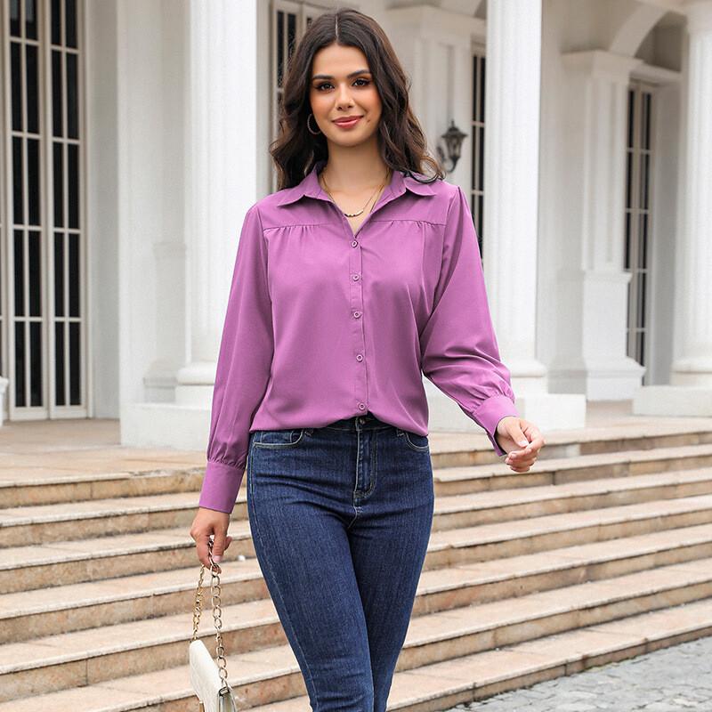 Women Solid Color Long Sleeve Chiffon Shirt Button Down Collared OL Blouse Tops