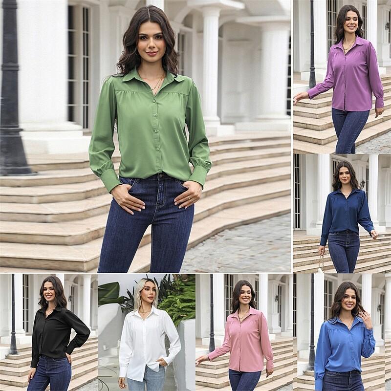 Women Solid Color Long Sleeve Chiffon Shirt Button Down Collared OL Blouse Tops