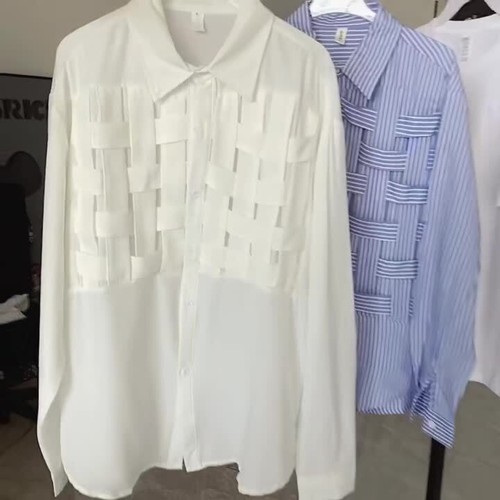 Women Solid Hollow Lapel Long Sleeve Loose Waist Shirts Patchwork Blouse Casual