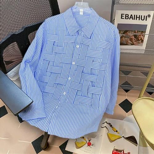 Women Solid Hollow Lapel Long Sleeve Loose Waist Shirts Patchwork Blouse Casual
