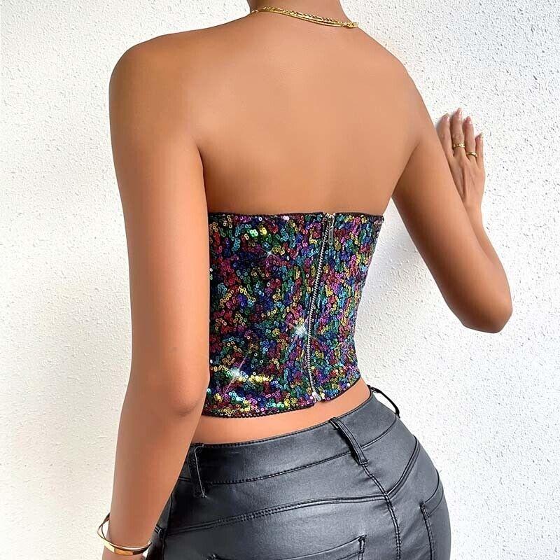 Women Sparkly Sequin Strapless Tube Tops Zipper Bustier Corset Party Club Cami