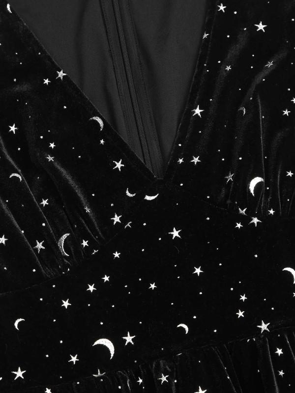 Women STARS & MOON Print Velvet Short A Line Dress S Bell Sleeves NWT Witchy