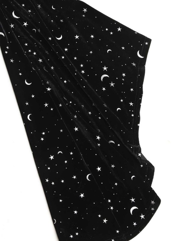Women STARS & MOON Print Velvet Short A Line Dress S Bell Sleeves NWT Witchy