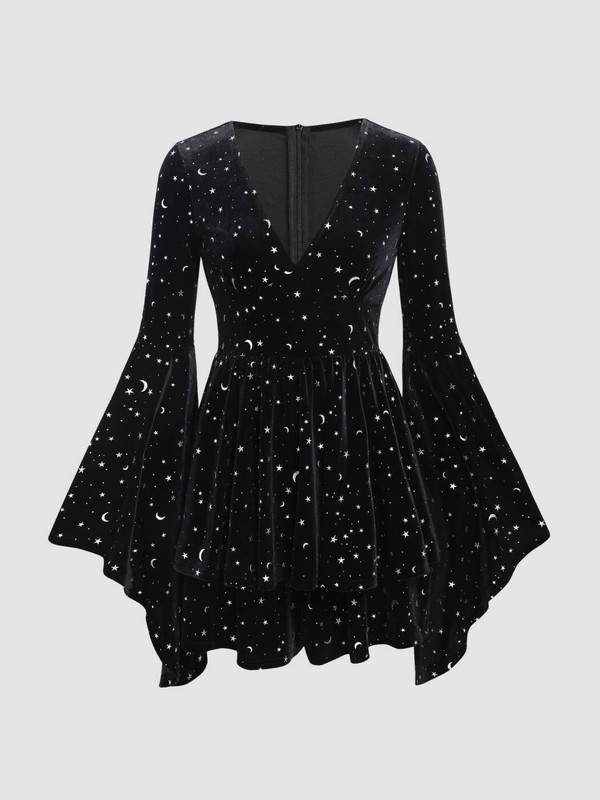 Women STARS & MOON Print Velvet Short A Line Dress S Bell Sleeves NWT Witchy