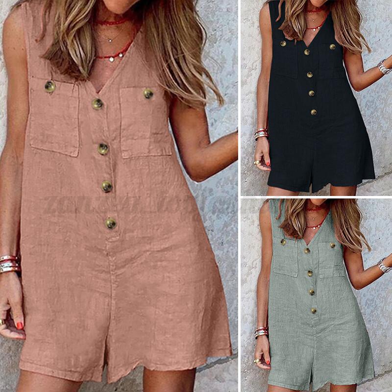 Women Summer Casual Sleeveless Dungaree V Neck Jumpsuit Romper Playsuit Overalls
