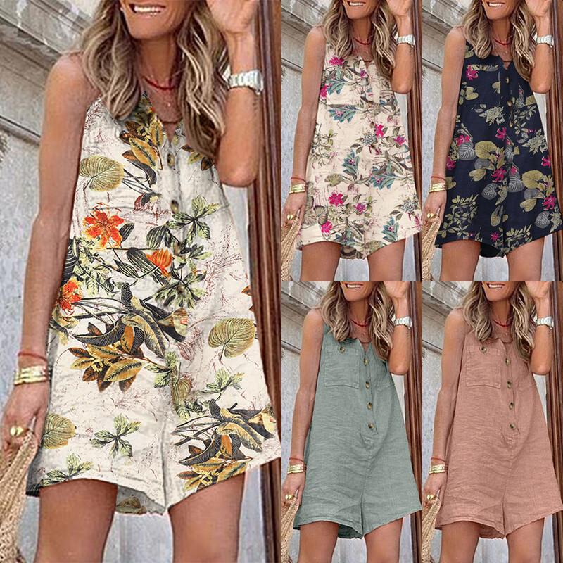 Women Summer Casual Sleeveless Dungaree V Neck Jumpsuit Romper Playsuit Overalls
