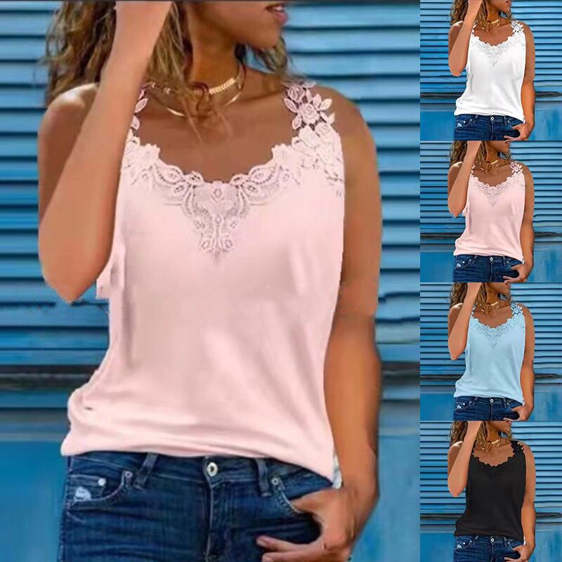 Women Summer Lace Vest Sleeveless T-Shirt V Neck Tank Top Camisole Casual Solid