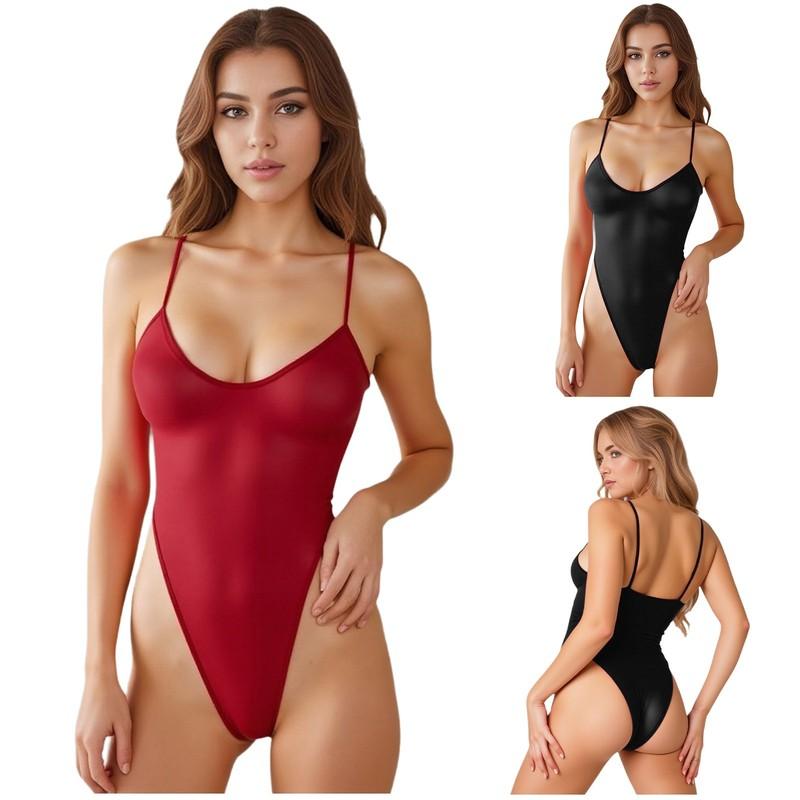 Women Swimsuit Glossy Bodysuit Bathing Suit Nightwear Camisole Beachwear Party