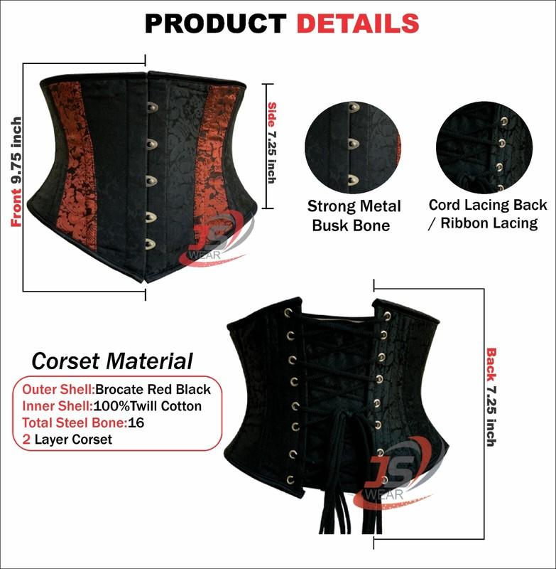 Women Underbust Black Red Brocade Steel Boned Waist Trainer Body Shaper Corsets