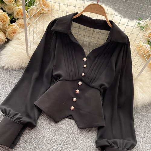 Women V-Neck Crop Blouse Vintage Button Shirt Lady Puff Retro Casual Elegant Top