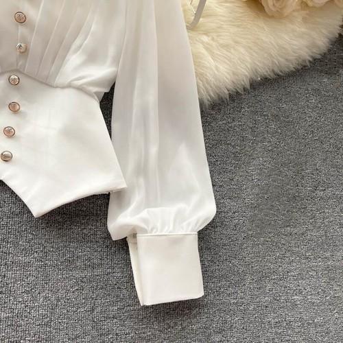 Women V-Neck Crop Blouse Vintage Button Shirt Lady Puff Retro Casual Elegant Top