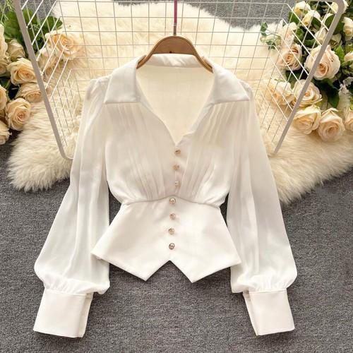 Women V-Neck Crop Blouse Vintage Button Shirt Lady Puff Retro Casual Elegant Top