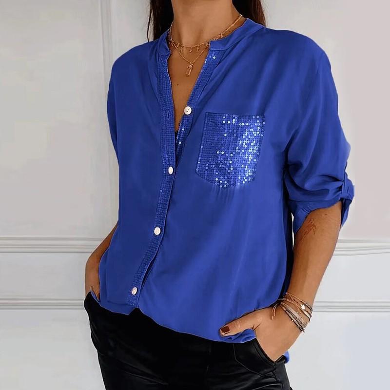 Women V-Neck Sequin Mid-Sleeve Casual Top Glitter Sequin Short Sleeve Shirt Tops