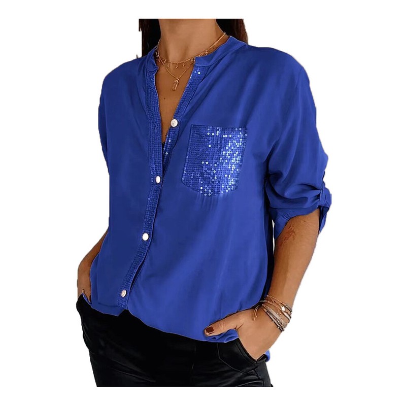 Women V-Neck Sequin Mid-Sleeve Casual Top Glitter Sequin Short Sleeve Shirt Tops