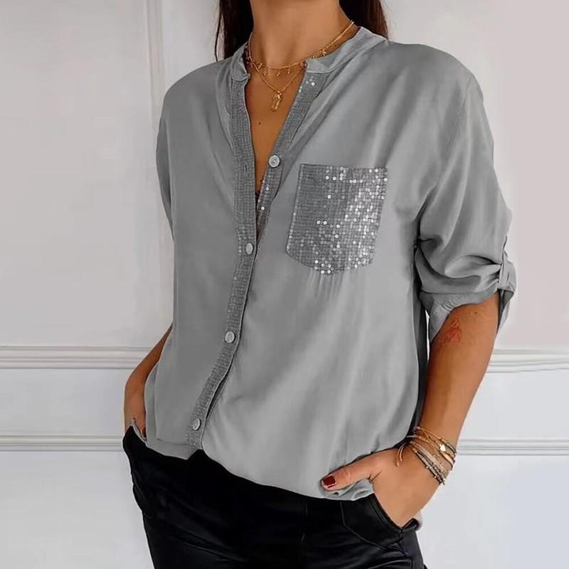Women V-Neck Sequin Mid-Sleeve Casual Top Glitter Sequin Short Sleeve Shirt Tops