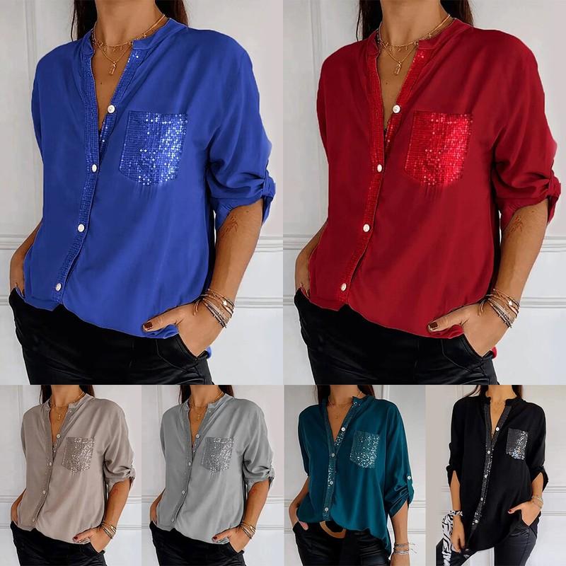 Women V-Neck Sequin Mid-Sleeve Casual Top Glitter Sequin Short Sleeve Shirt Tops