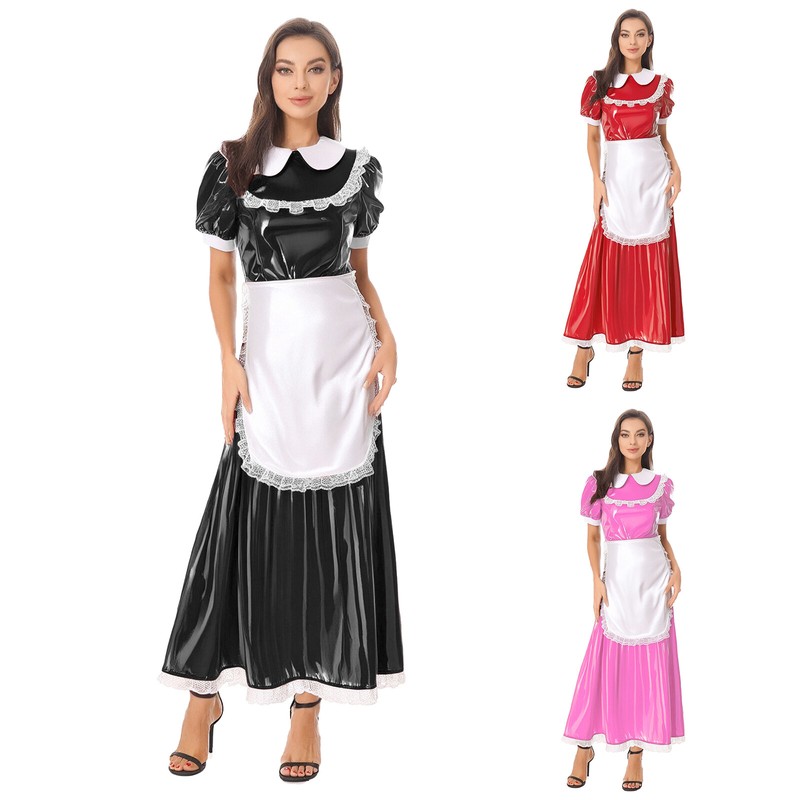 Women Wet Look PVC Leather Maid Costume Cosplay French Maid Set With Satin Apron