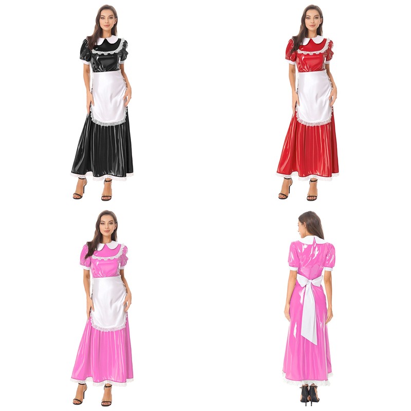 Women Wet Look PVC Leather Maid Costume Cosplay French Maid Set With Satin Apron