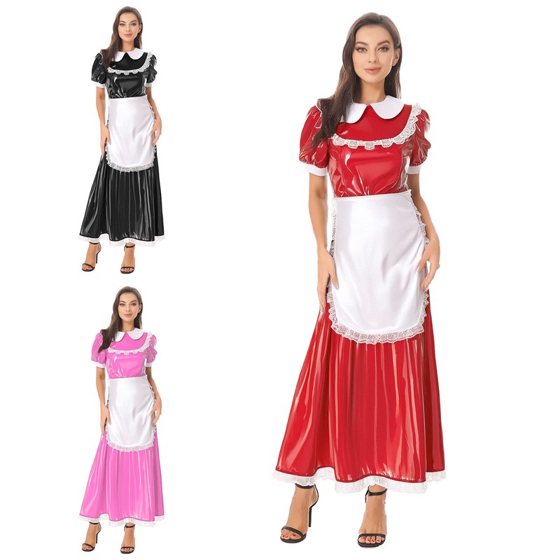 Women Wet Look PVC Leather Maid Costume Cosplay French Maid Set With Satin Apron
