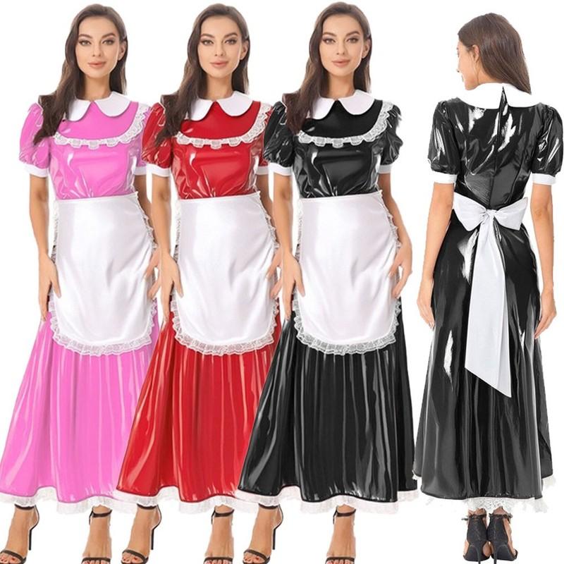 Women Wet Look PVC Leather Maid Costume Cosplay French Maid Set with Satin Apron