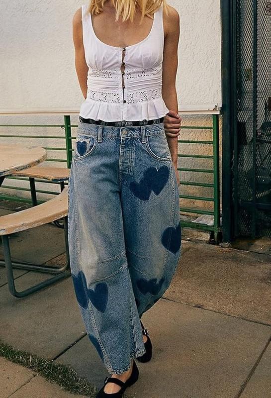 Women Wide Leg Jeans Baggy Distressed Printed Boyfriend Horseshoe Jeans Denim
