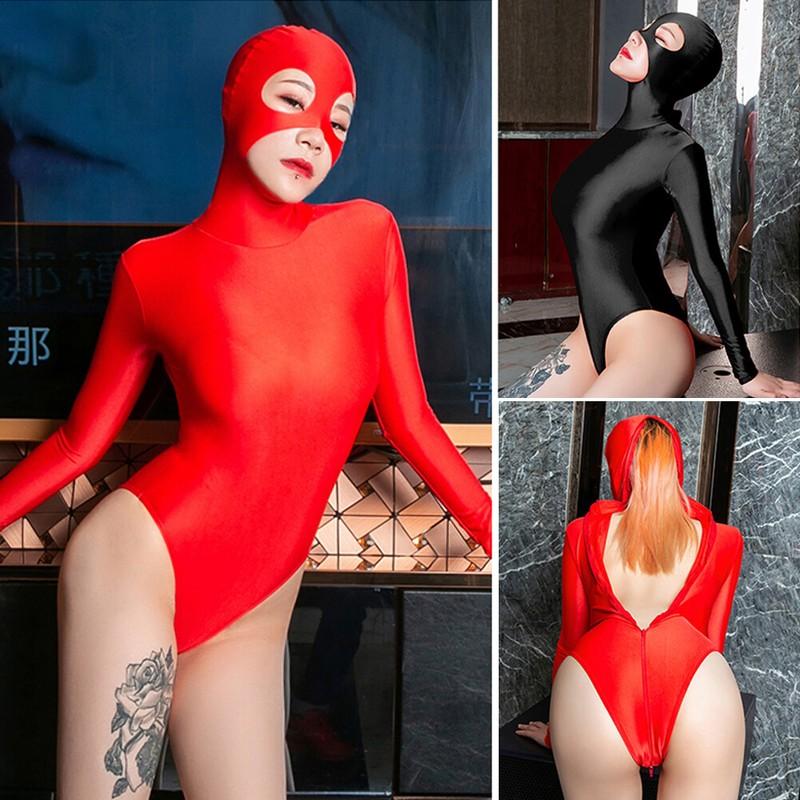 Women Zentai Shiny Bodysuit 2 Zipper High Cut Unitard Jumpsuit W Mask Hood Party