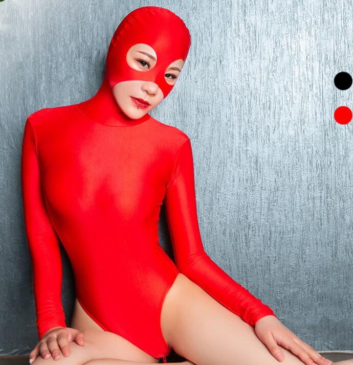 Women Zentai Shiny Bodysuit 2 Zipper High Cut Unitard Jumpsuit W Mask Hood Party