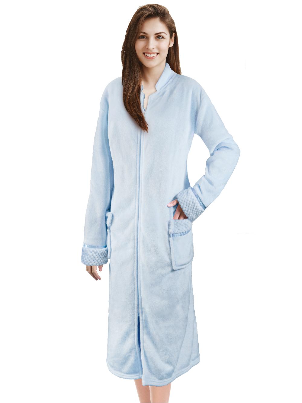 Women Zipper Robe Housecoat Fleece Lounger Front Zip Up Robe Full Length Ladies
