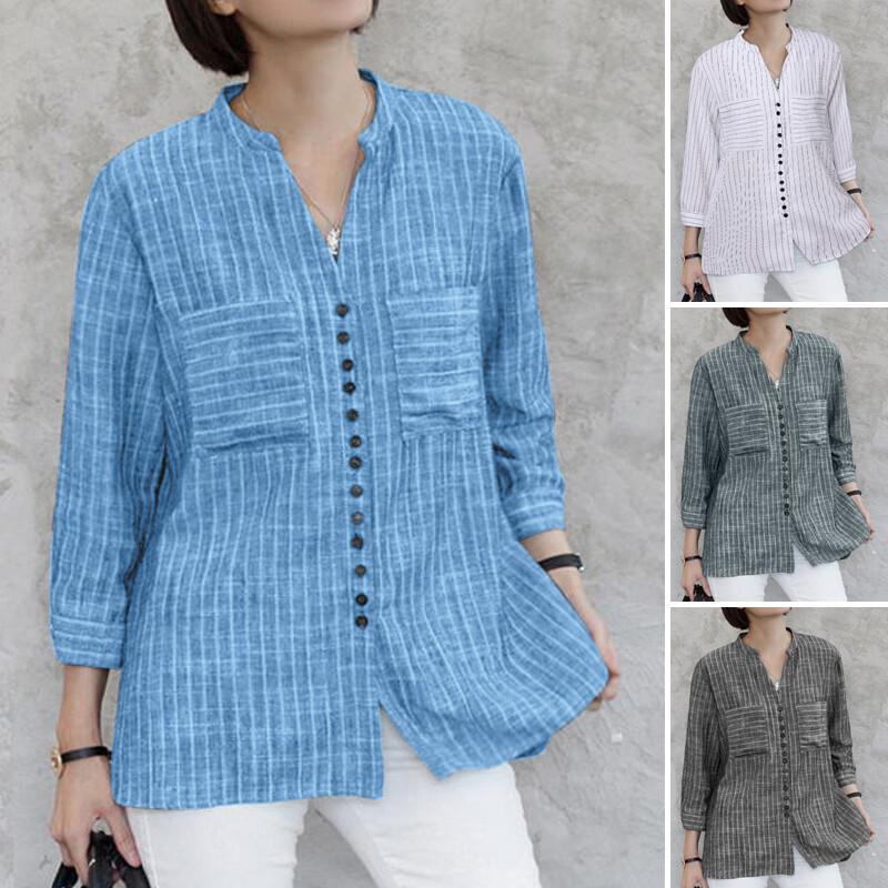 Womens 3/4 Sleeve Button Down Shirts Striped Cotton Linen OL Office Formal Tops