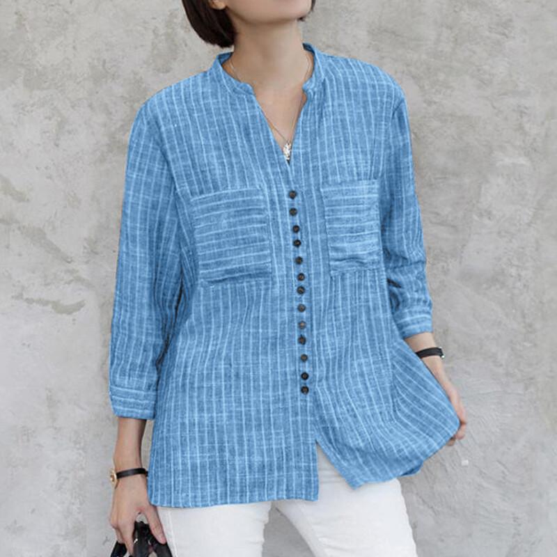 Womens 3/4 Sleeve Button Down Shirts Striped Cotton Linen OL Office Formal Tops