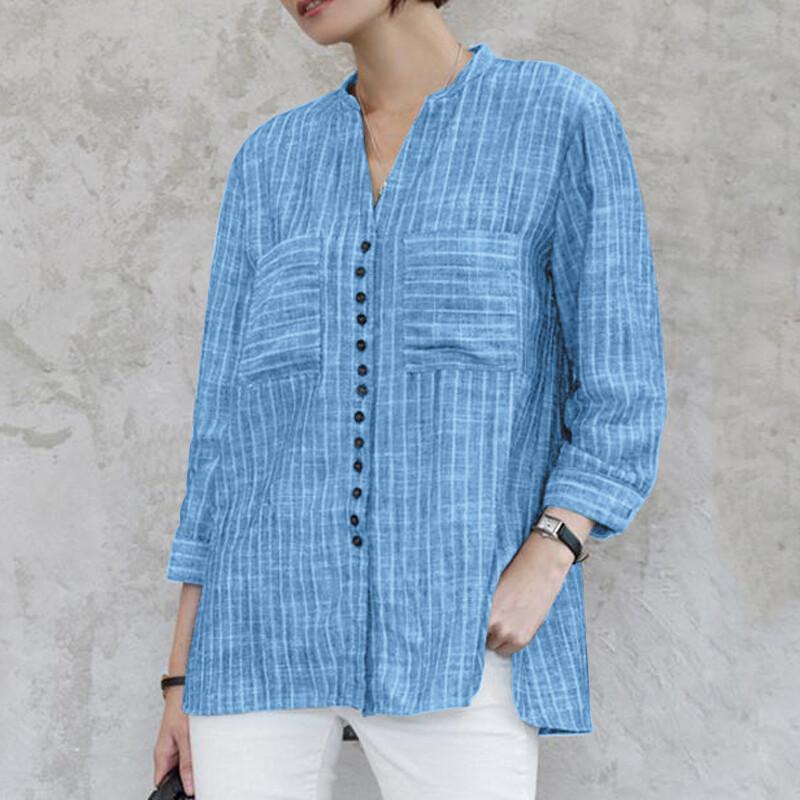 Womens 3/4 Sleeve Button Down Shirts Striped Cotton Linen OL Office Formal Tops