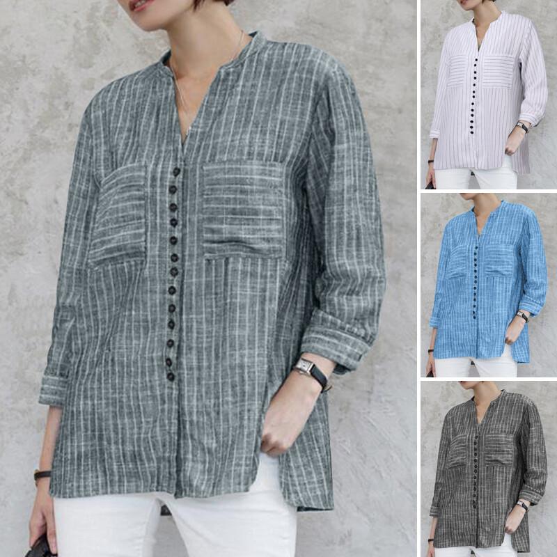 Womens 3/4 Sleeve Button Down Shirts Striped Cotton Linen OL Office Formal Tops