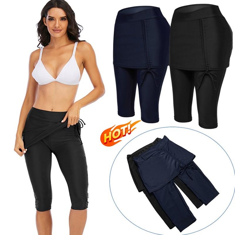 Womens Beach Slimming High Waisted Modest Swim Leggings Skirted Crop Capri Skirt