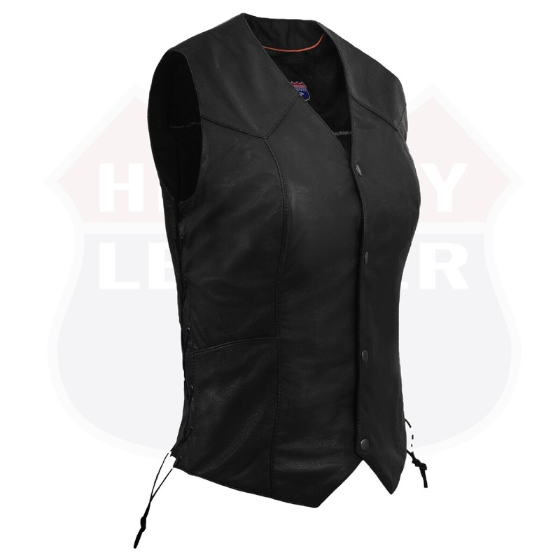 Womens Biker Classic Genuine Cowhide Leather Motorcycle Vest Side Lace