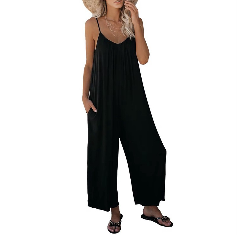 Womens Black Jumpsuit Strappy Romper Loose Overalls Wide-Leg S-XL Lagen US