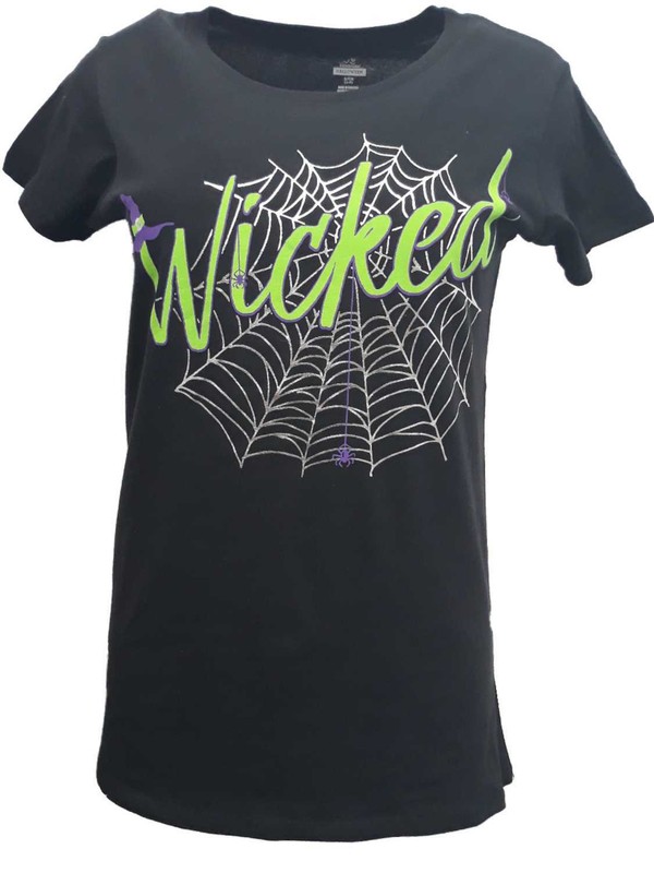Womens Black Metallic Spider Web Wicked Witches Hat Halloween T-Shirt